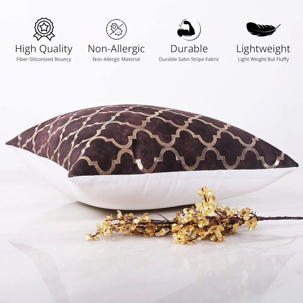 Cloth Fusion 100 TC Velvet Sofa Cushion Cover Set of 5, Decorative HD Gold Foil Cushion Cover Set 16-inch x 16-inch for Living Room
